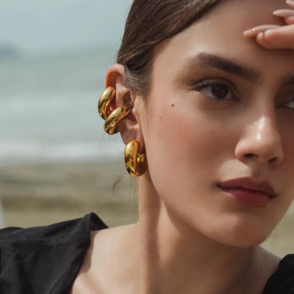 Chunky 14K Gold Plated Stainless Steel Hoop Ear Cuffs for Women Non Piercing - Picture 3 of 9